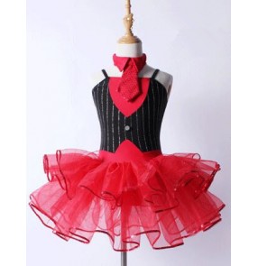 Red black patchwork striped sleeveless girls kids children competition professional performance modern ballet tutu dance leotard dresses outfits